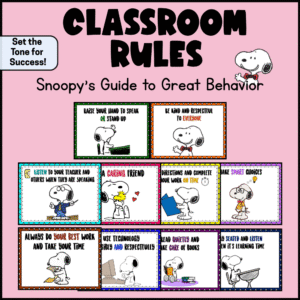 Snoopy-themed classroom rules poster set for K–2 with positive behavior messages and Peanuts characters.