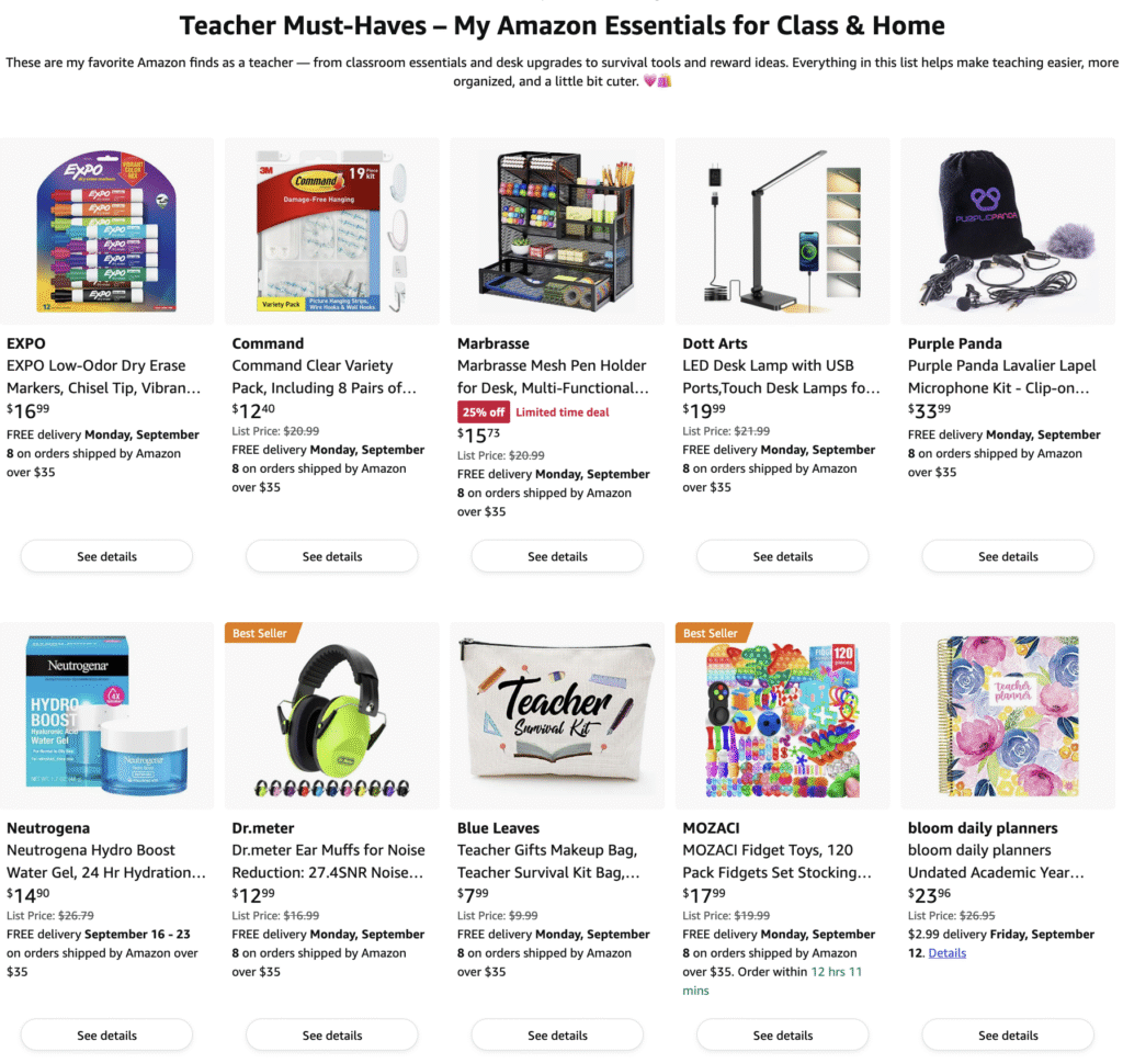 Teacher Must-Haves Amazon Storefront featuring classroom essentials, dry erase markers, desk organizers, planners, fidgets, and survival kits for teachers.