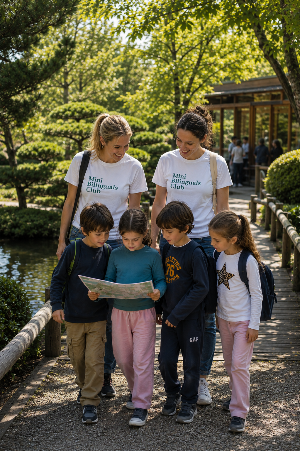 Two Mini Bilinguals Club teachers with four children ages 6 to 9 exploring the Japanese Garden in Buenos Aires