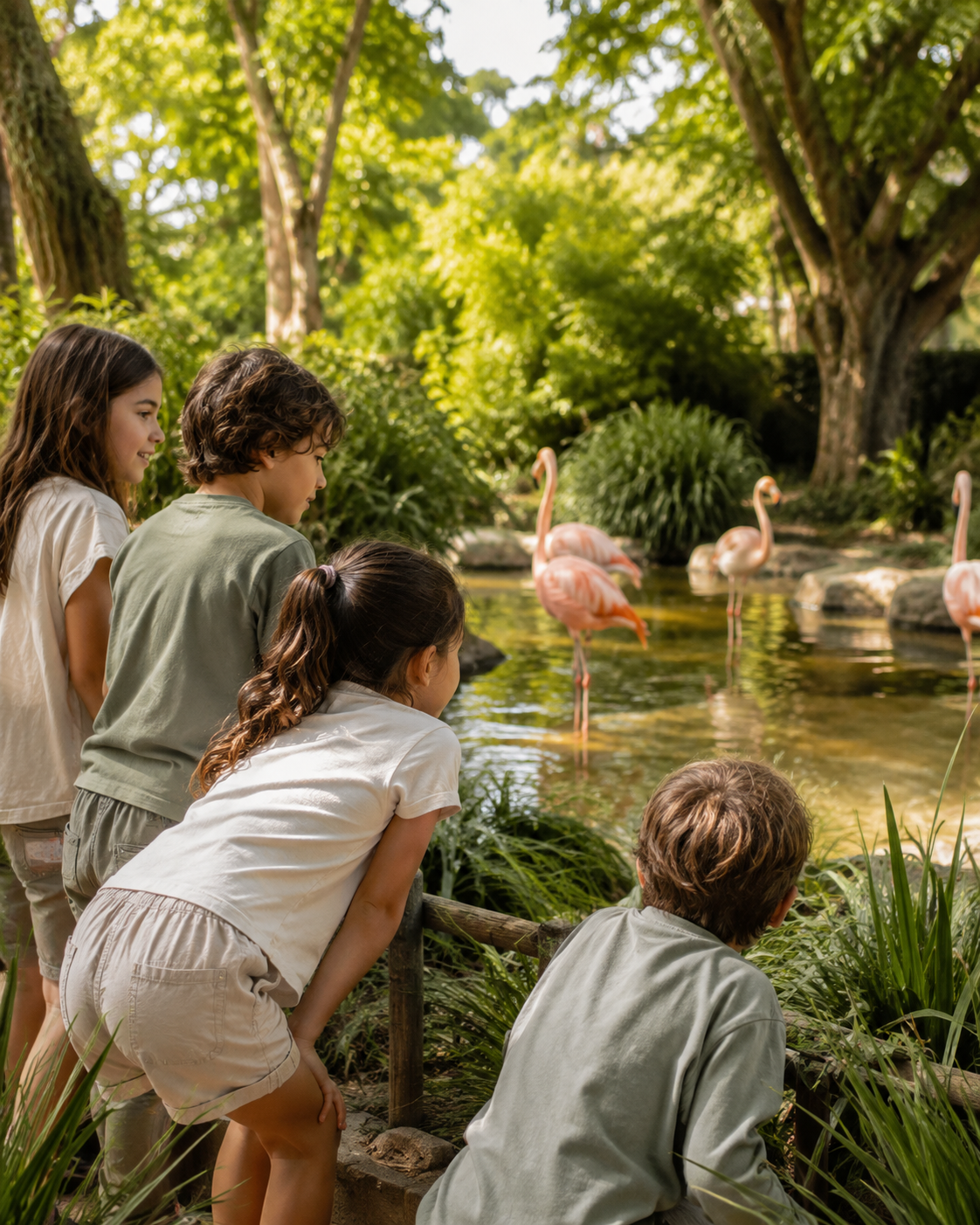 Children observing flamingos during a Mini Bilinguals Club EcoParque adventure in Buenos Aires